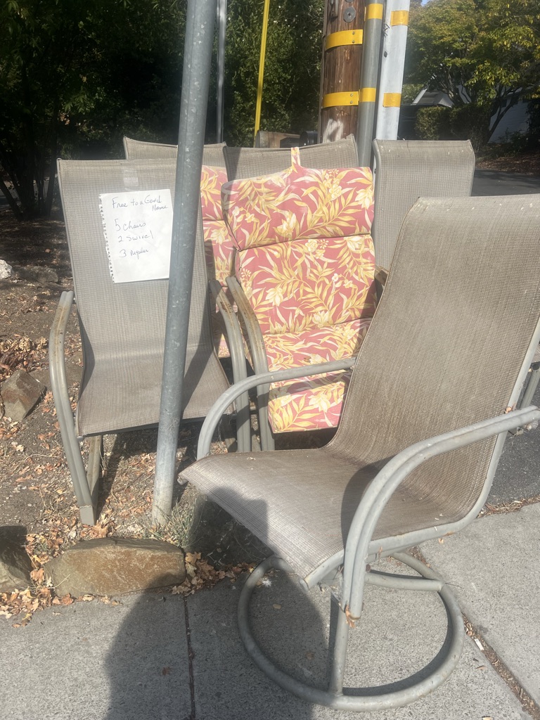 Free 6 strong indestructible outdoor chairs.