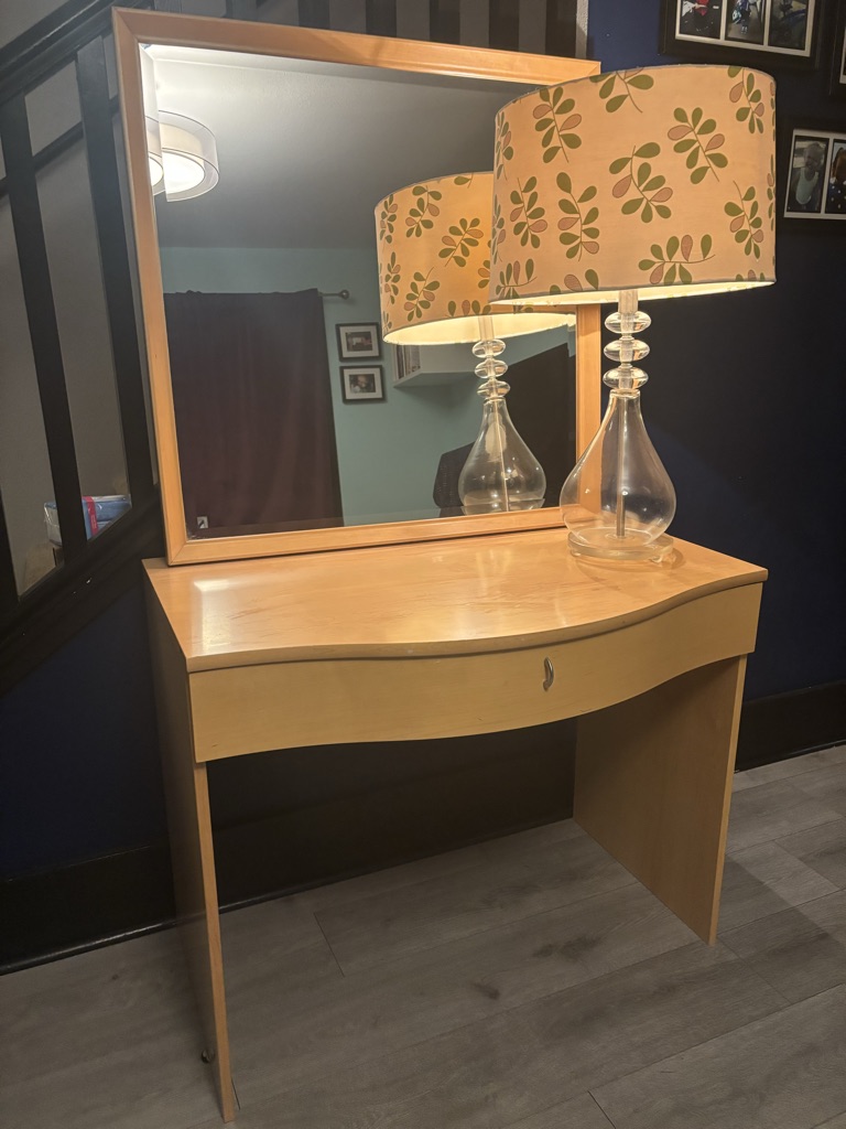 Free Used makeup table, large mirror, and lamp.