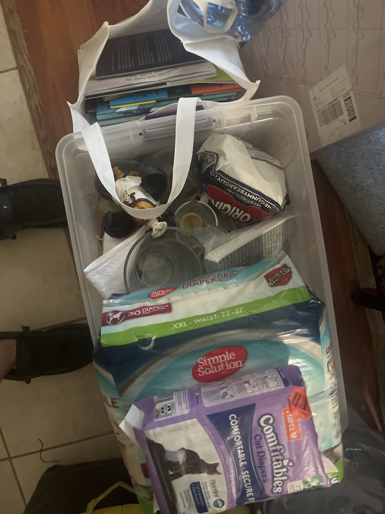 Free glass and cat and dog diapers and children’s books.