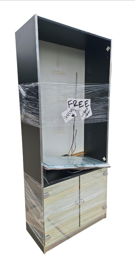 FREE Cabinet with Lighted Display Mirrored Doors and Glass Shelving - outside on the curb