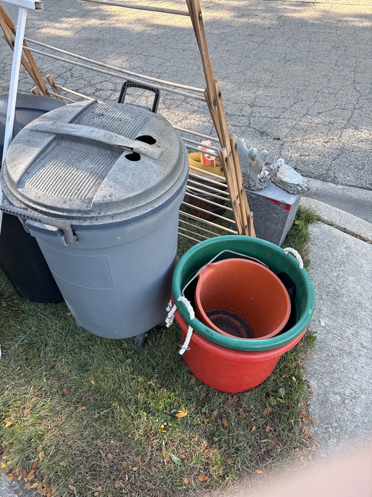 Free Planters. Garbage cans with lids. Trellis tomato cage. Laundry rack.  Milk box.