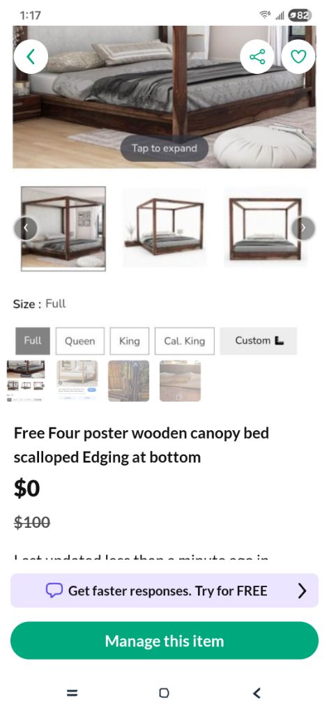 Free 4 poster king bed frame
