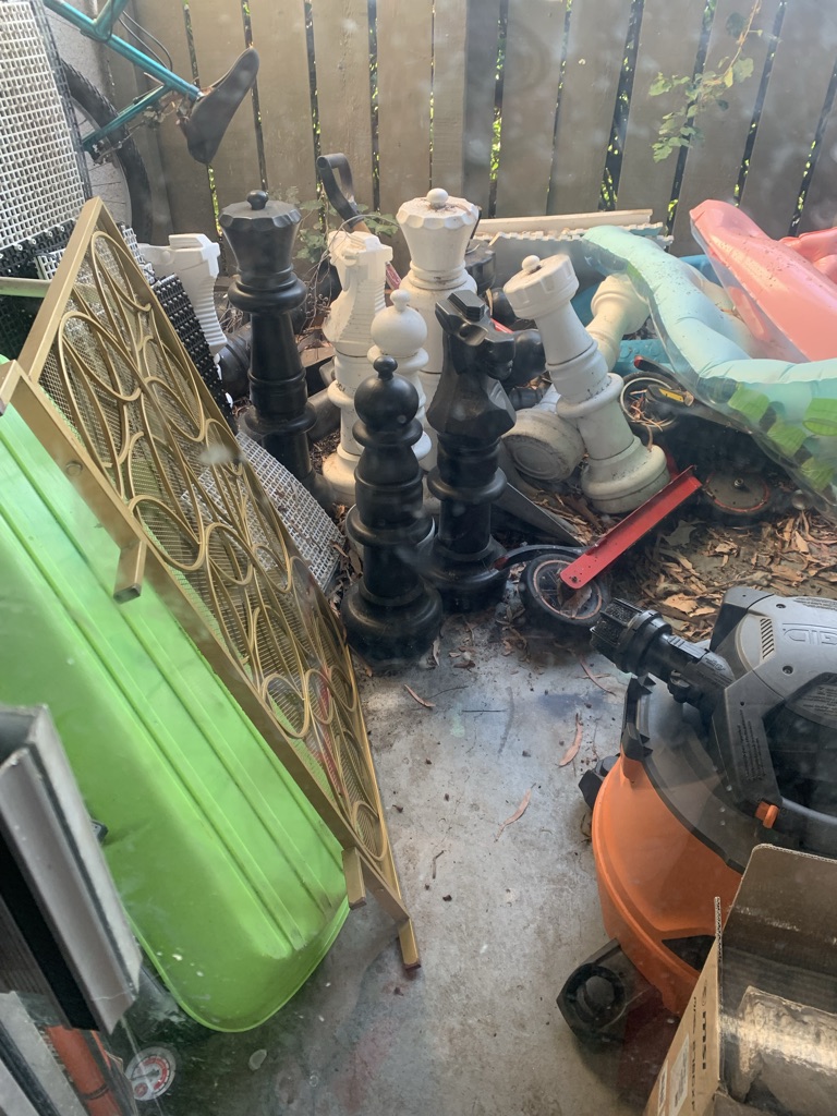 Free outdoor chest set pieces are about 3 feet high. There is no board. We just spray paint it in the grass to make the board. There is no problems wi