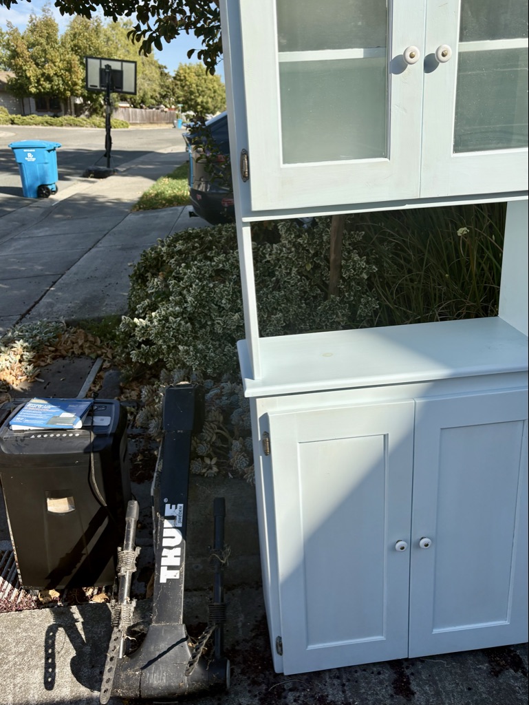 Free cabinet, Thule bike rack, and paper shredder