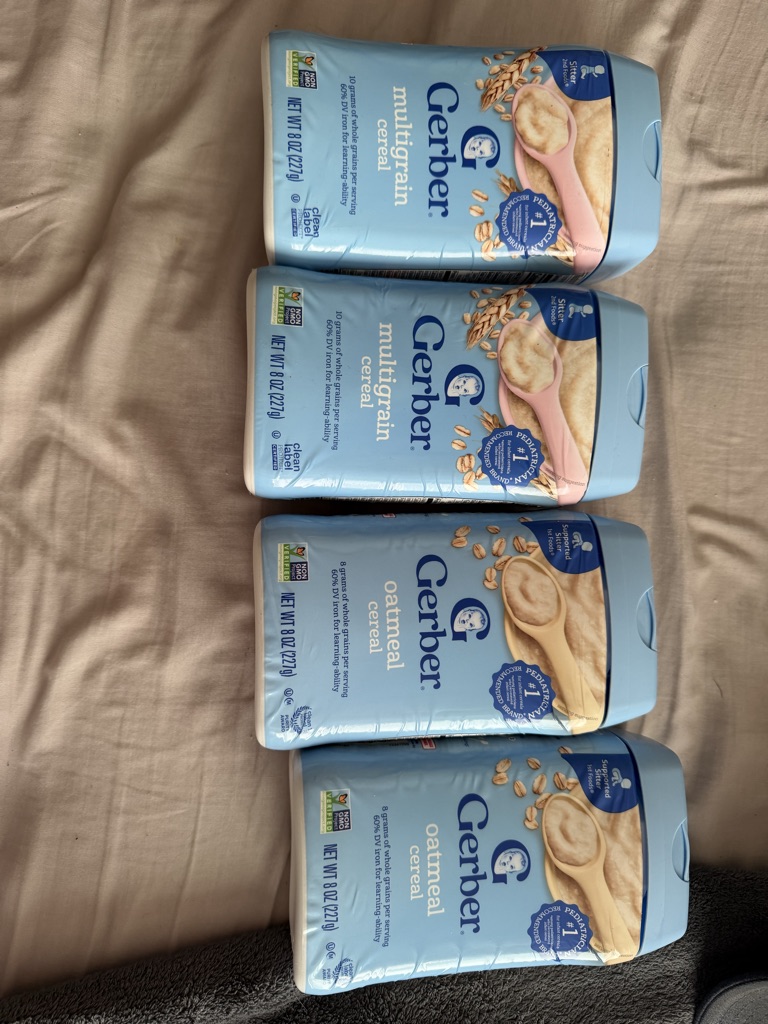 Free Baby multigrain and oatmeal cereal.