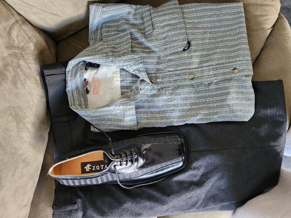 Free Dressed pants,shirt and shoes 36-30.  Medium. Size 8.30 shoes