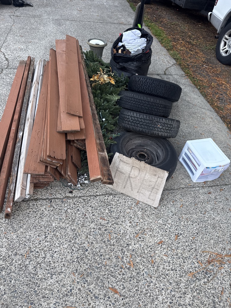 Free Wood, clothes, Christmas tree, tires, women’s hygiene!