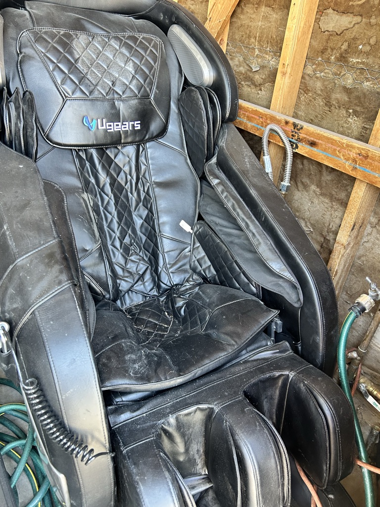 Free massage chair and king bed frame metal- read post