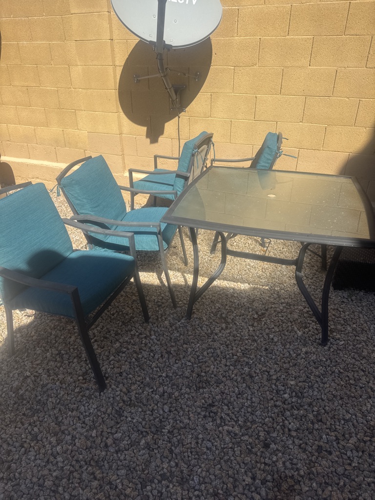 Free patio items! Just pick up. Two lounge chairs with cushions. Table and chairs with cushions and an extra cushion. Table wobble a lil but fixable