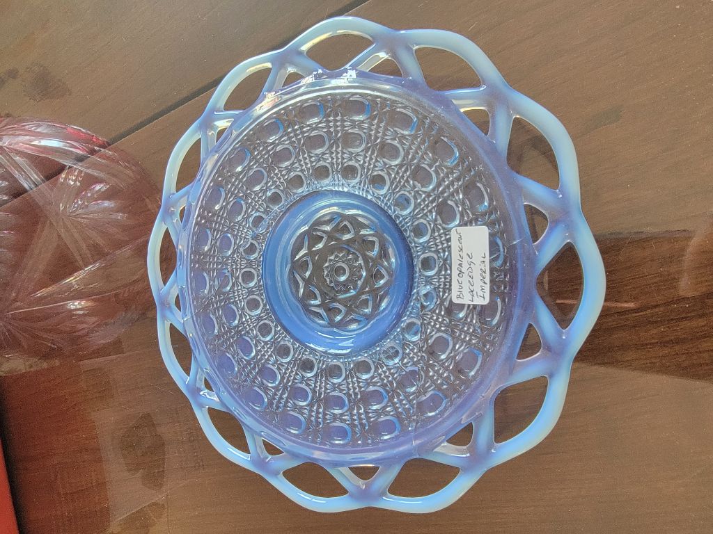 FREE BLUE OPALESCENT LACE EDGE BY IMPERIAL DISH...HAS A CRACK