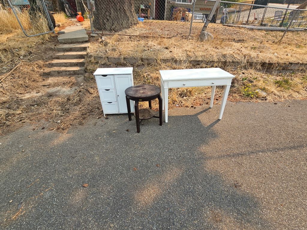 Free Desk. Round end table. Small cupboard