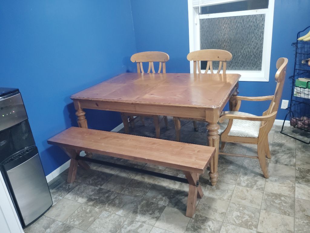 Free dining room table, three chairs and bench