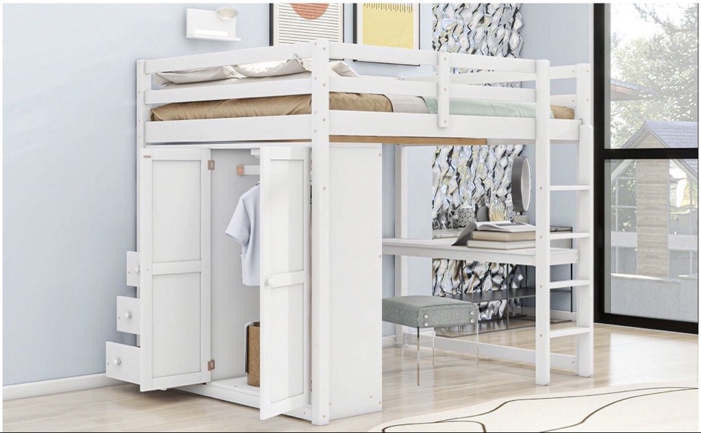 Free White Wooden Loft Bed with Wardrobe and Desk