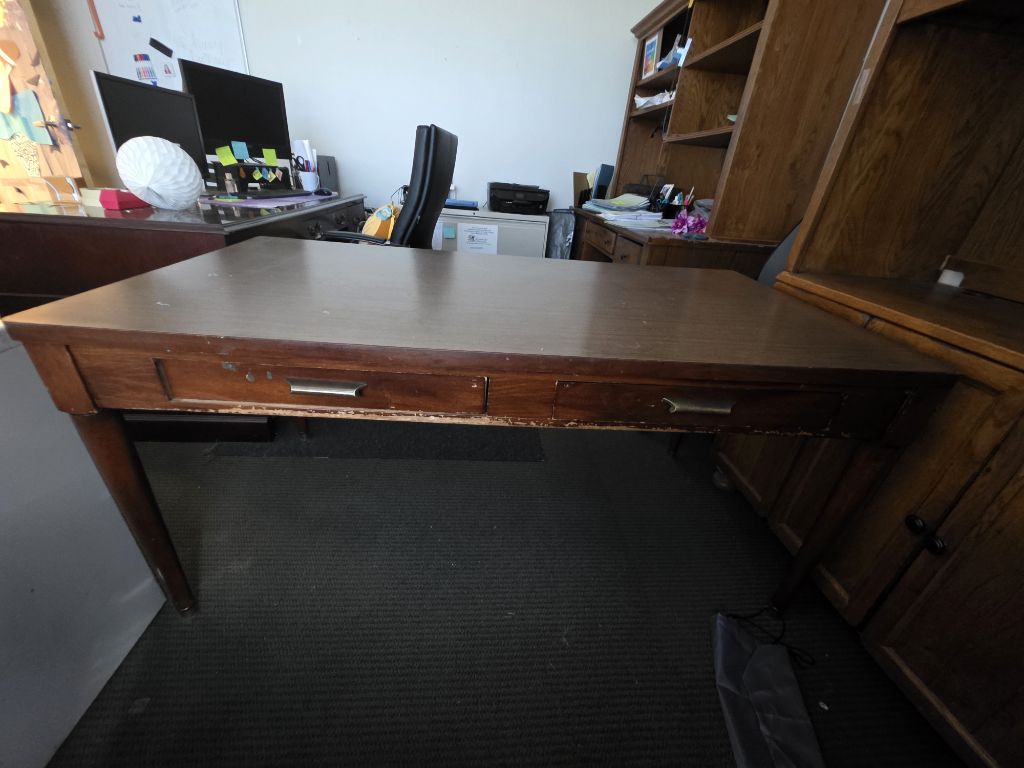 Free! 2 computer desks, 1 file cabinet, and a table.