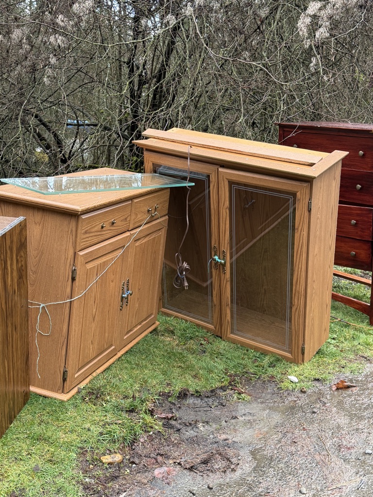 Free hutch with glass shelves, three dressers, record player stand