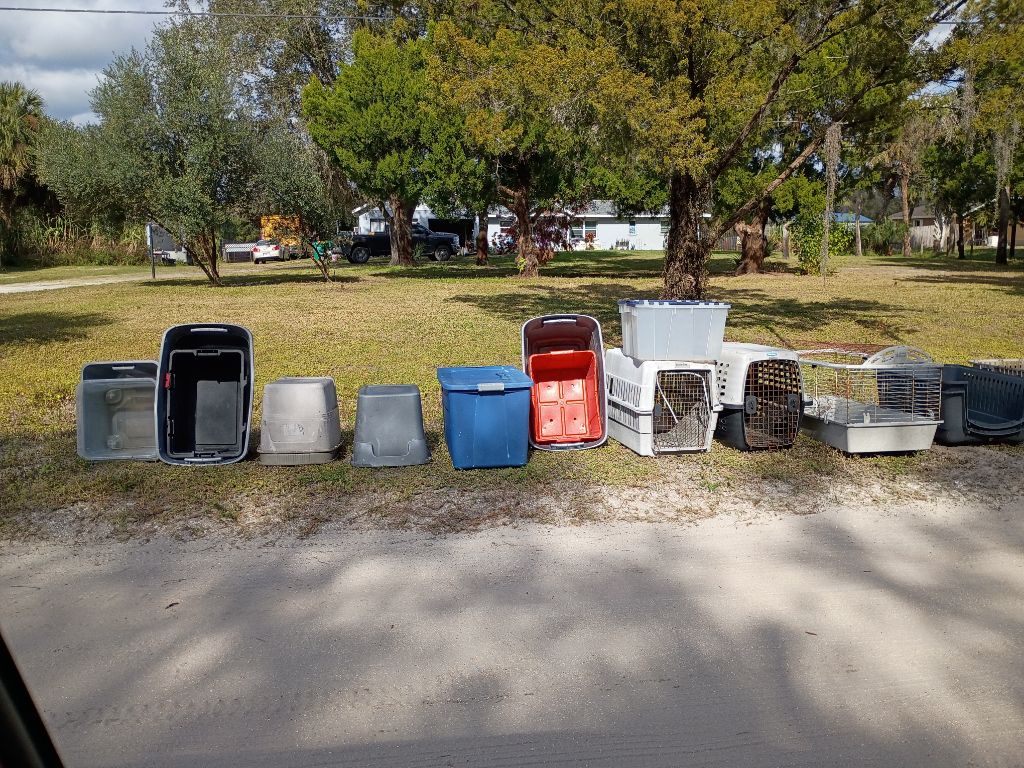 Free dog crates, rabbit cage, storage tubs.
