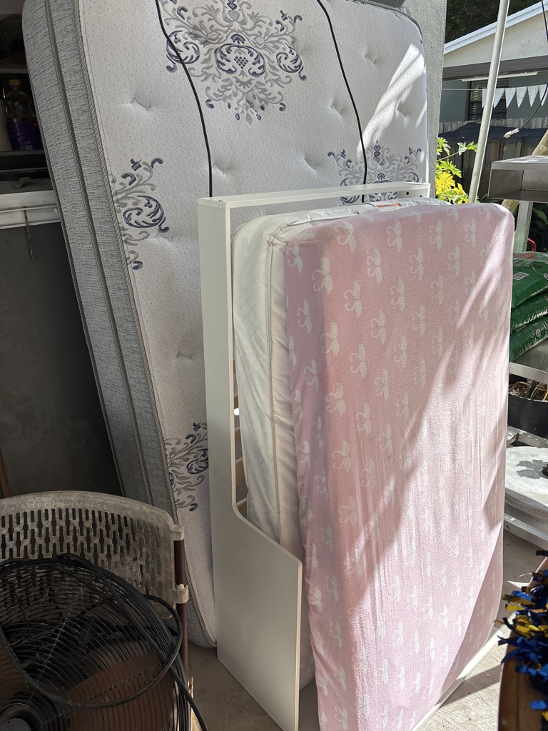 Free kids bed with two mattresses and one full-size bed for free and good condition. First come first serve